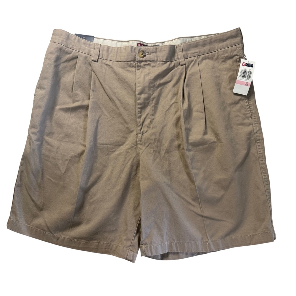 Chaps Mens Pleated Chino Shorts Khaki Tan Cotton Blend Size 40 NWT